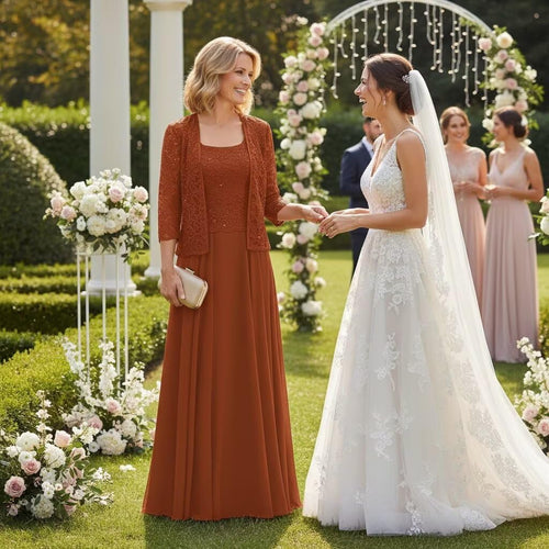Burgundy 2 Piece Mother of The Bride Dresses 3/4 Sleeve Long Chiffon Lace Formal Evening Dress with Jacket WT016 2