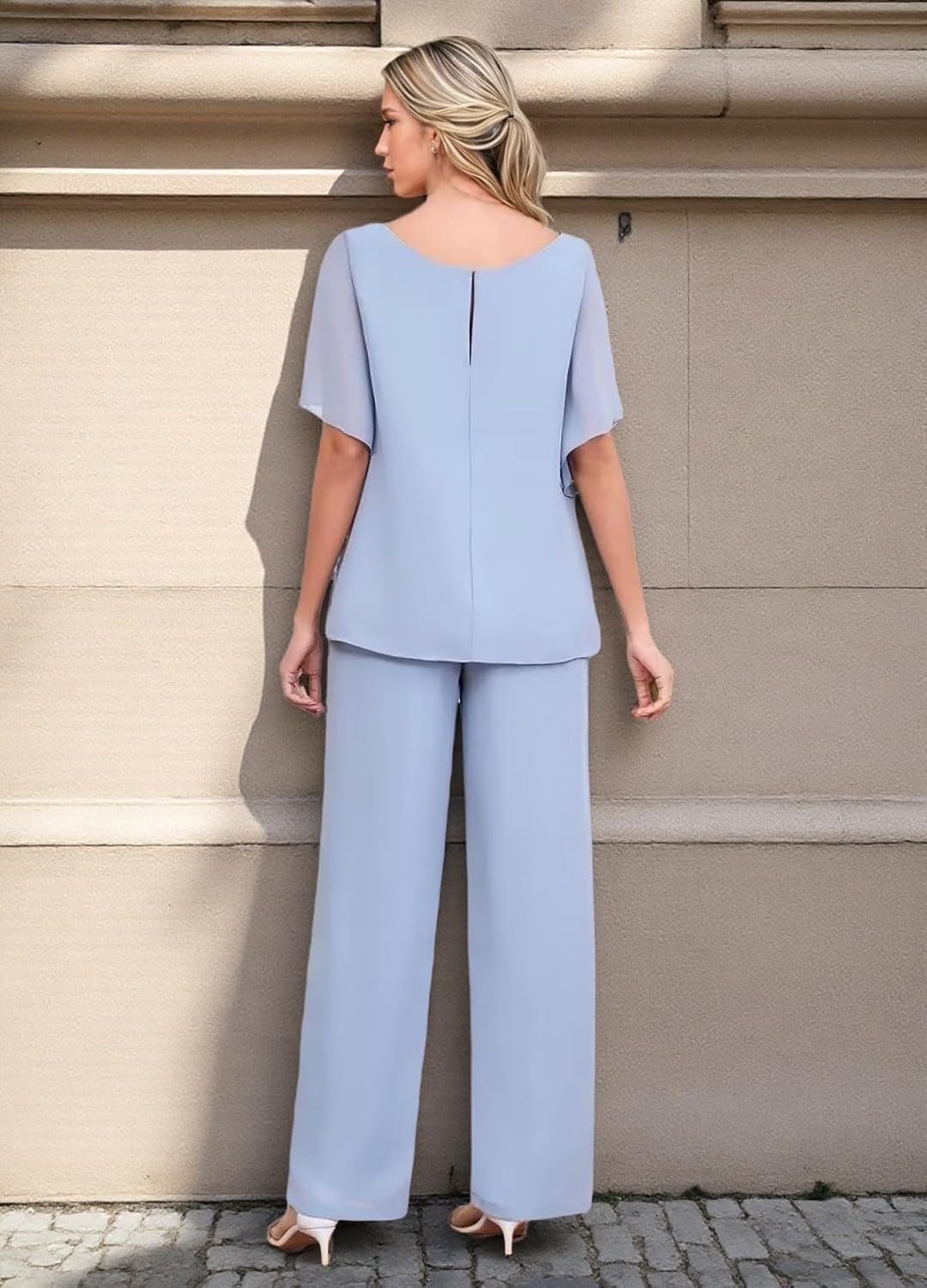 2 Pieces Mother of The Bride Pantsuits for Wedding Guest Chiffon Formal Women Dressy Outfit KW017 Dusty Blue