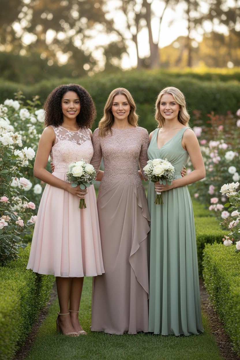 Long Mother of The Bride Dresses for Wedding 3/4 Sleeve Chiffon Lace Applique Ruffles Formal Evening Gown WT007 Taupe