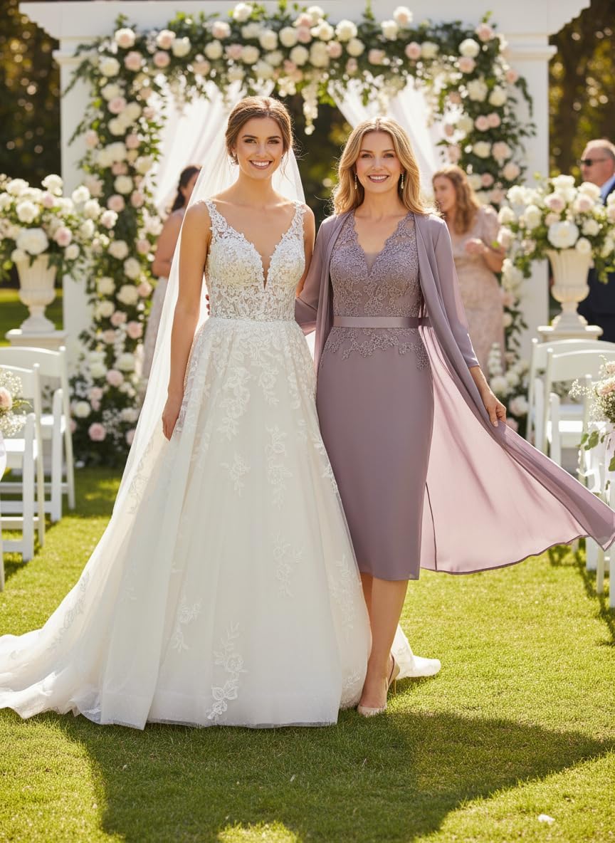2 Piece Chiffon Mother of The Bride Dresses V Neck Lace Formal Evening Dress with Jacket WT005 Mauve
