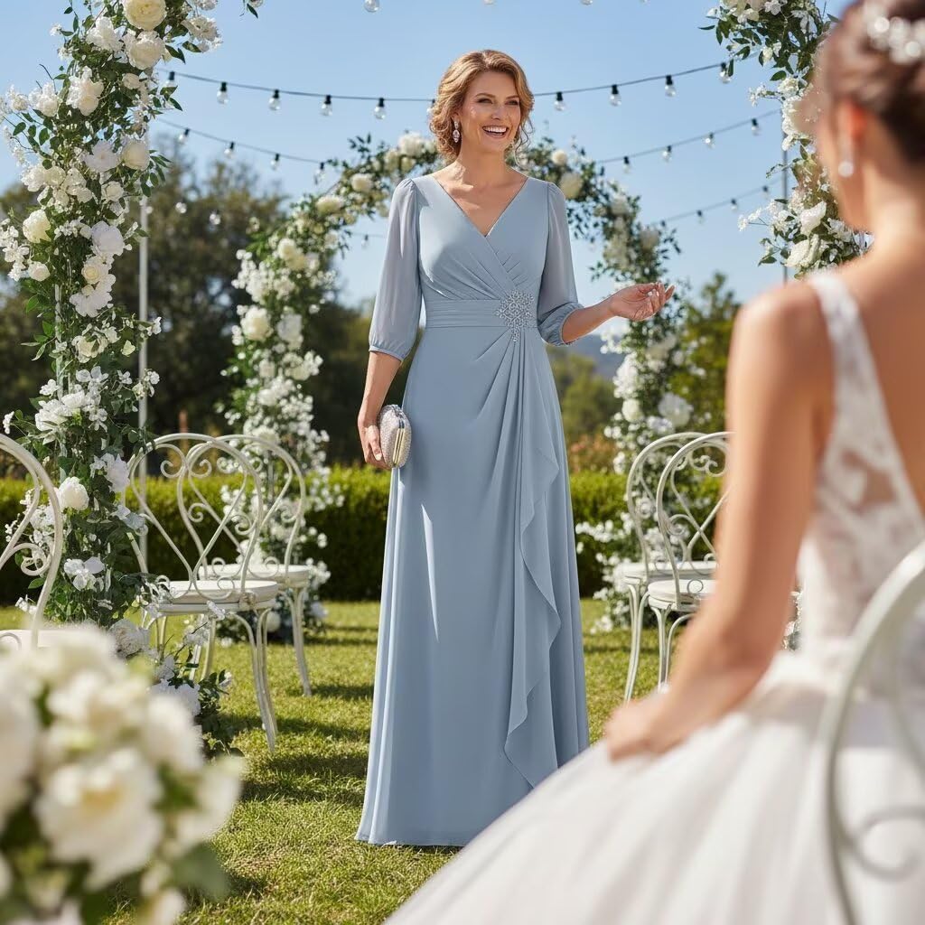 Dusty Blue Chiffon Long Mother of The Bride Dresses 3/4 Sleeve V Neck Ruffle A Line Formal Evening Gown WT019 2
