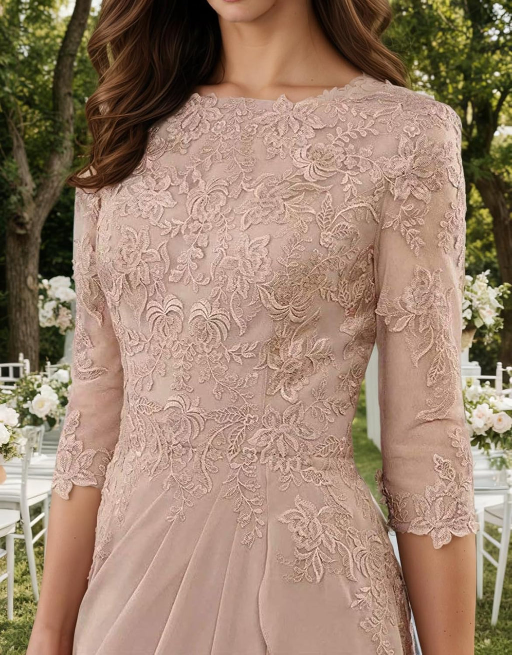 Long Mother of The Bride Dresses for Wedding 3/4 Sleeve Chiffon Lace Applique Ruffles Formal Evening Gown WT007 Taupe