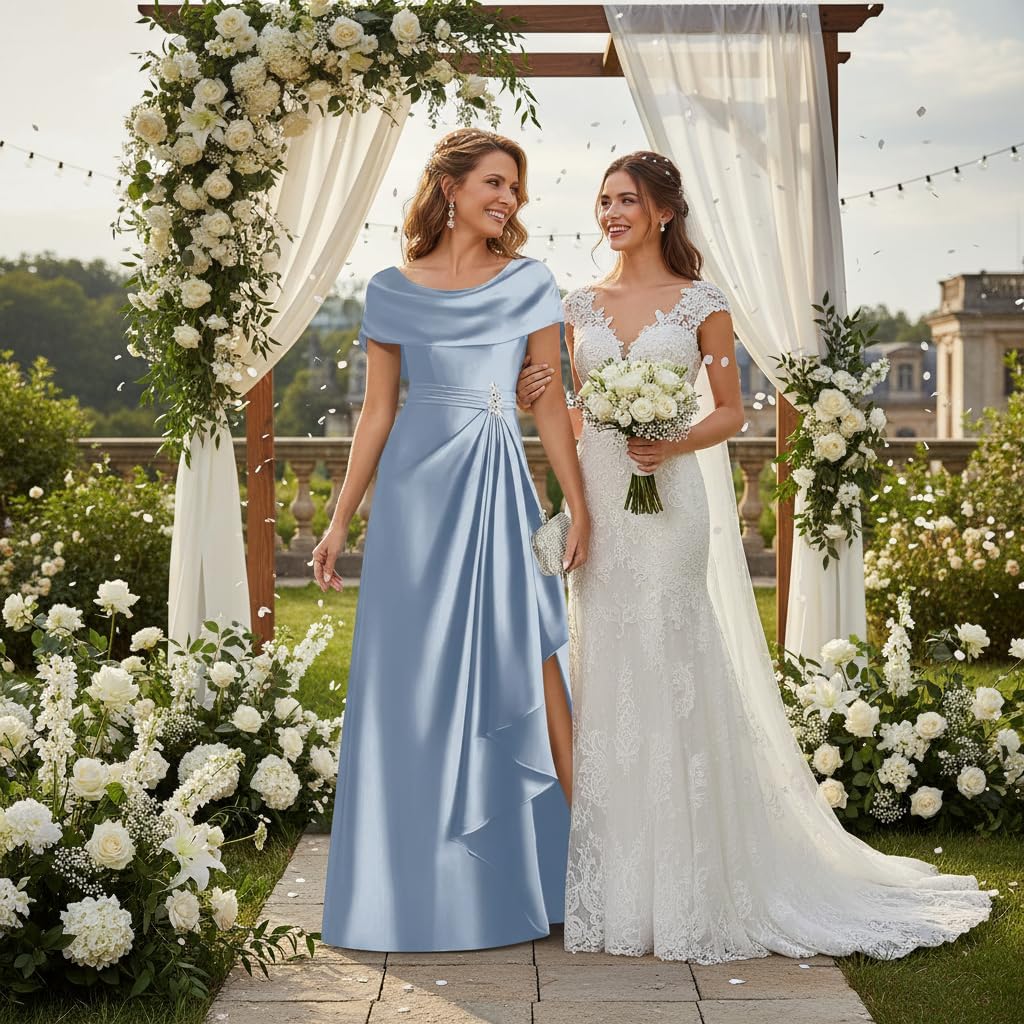 Emerald Green Satin Mother of The Bride Dresses Long Cape Sleeves Ruffle A Line Formal Evening Gowns with Slit WT022 2