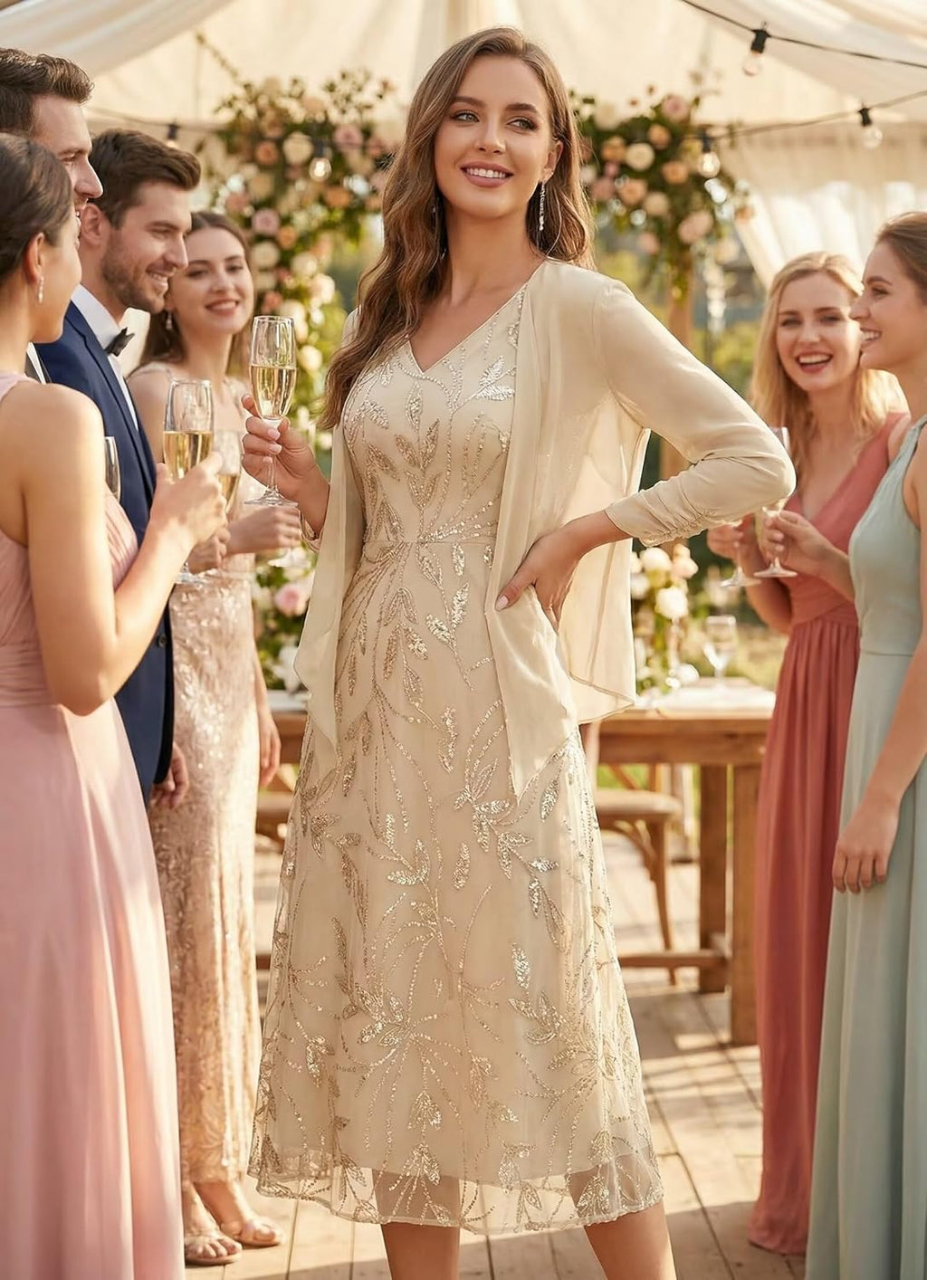 Champagne 2 Piece Sequin Mother of Bride Dresses with Jackets Chiffon V Neck Tea Length A-Line Formal Evening Dress WT001 2