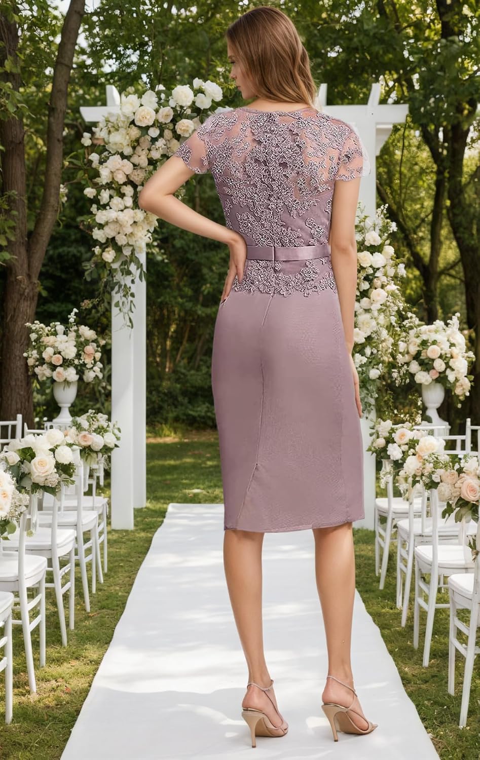 2 Piece Chiffon Mother of The Bride Dresses V Neck Lace Formal Evening Dress with Jacket WT005 Mauve