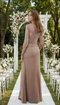 Long Mother of The Bride Dresses for Wedding 3/4 Sleeve Chiffon Lace Applique Ruffles Formal Evening Gown WT007 Taupe