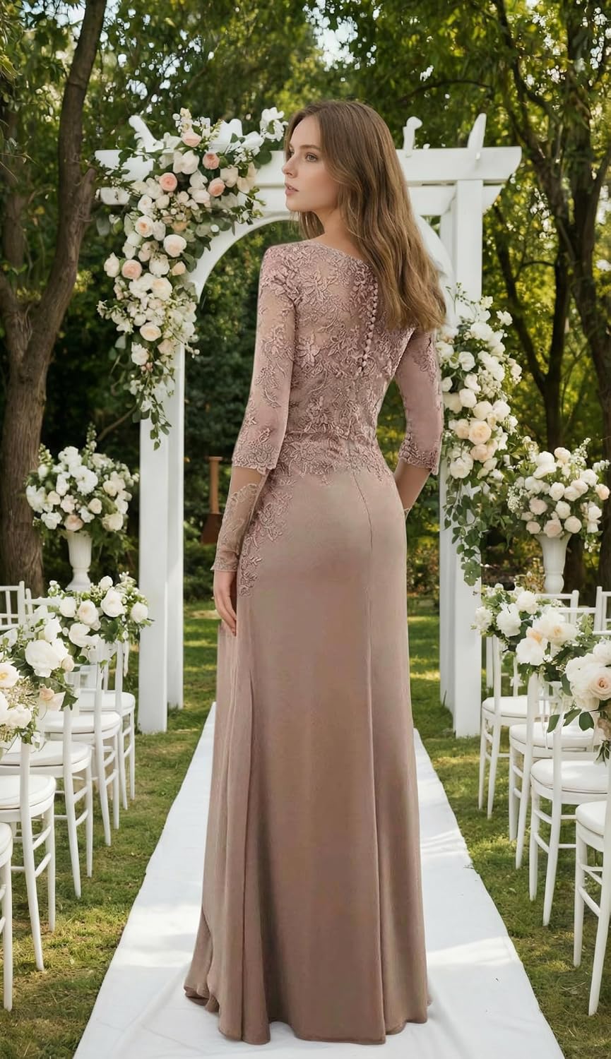 Long Mother of The Bride Dresses for Wedding 3/4 Sleeve Chiffon Lace Applique Ruffles Formal Evening Gown WT007 Taupe